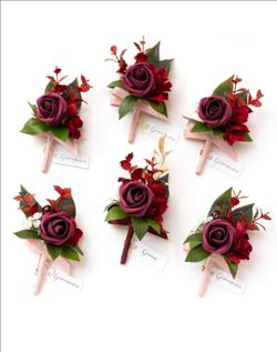 Boutonniere for Men, 6pcs Groom Groomsmen Boutonniere, Artificial Flowers for Wedding Decor/Prom/Homecoming, etc.Burgundy Marsala