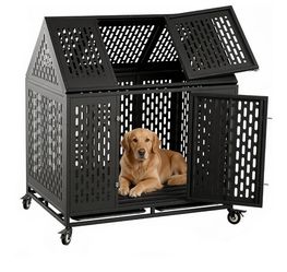 44" Heavy Duty Dog Crate for Large Medium Dogs, Black Indestructible escape-proof cage kennel for high anxiety dogs, with 2 removable trays & 4 lockab