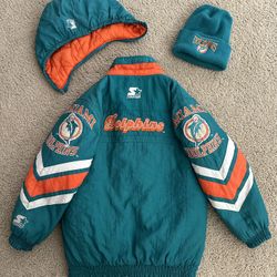 Vintage Starter Proline Dolphins Full Zip Winter Jacket W/ Beanie