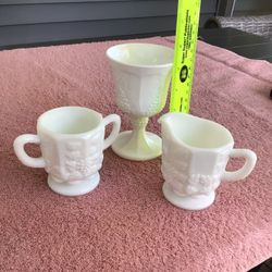 Vintage Westmoreland Milk Glass Creamer Sugar Bowl Grape Panel & Indiana Colony Milk Glass Goblet