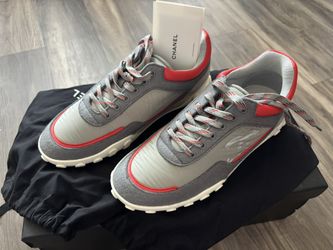 Authentic Chanel Nylon Calfskin Suede CC Sneakers 41 Grey Orange