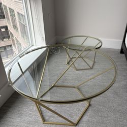 2-Piece Modern Glass Coffee Table + Side Table Set – Gold & Glass – $80