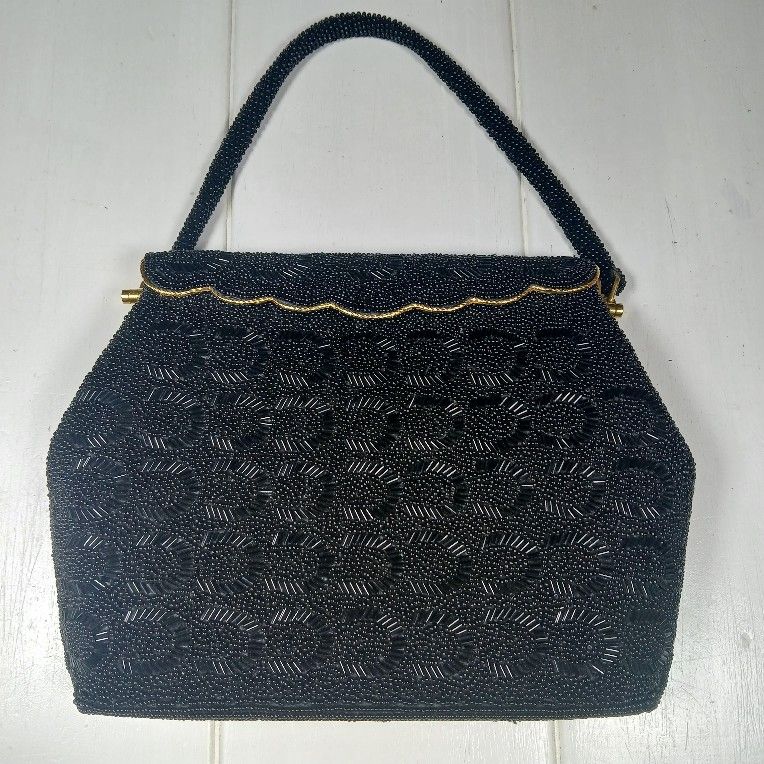 Vtg Small Beaded Black Evening Hand Bag Beaded Handle Hard Deco Flapper Gatsby