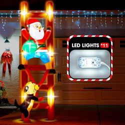 9 FT Hanging Christmas Inflatable Outdoor Decoration Inflatable Dog Bite Santa On Ladder Blow Up Yard Decorations Build-in LED Xmas Party Indoor Outdo