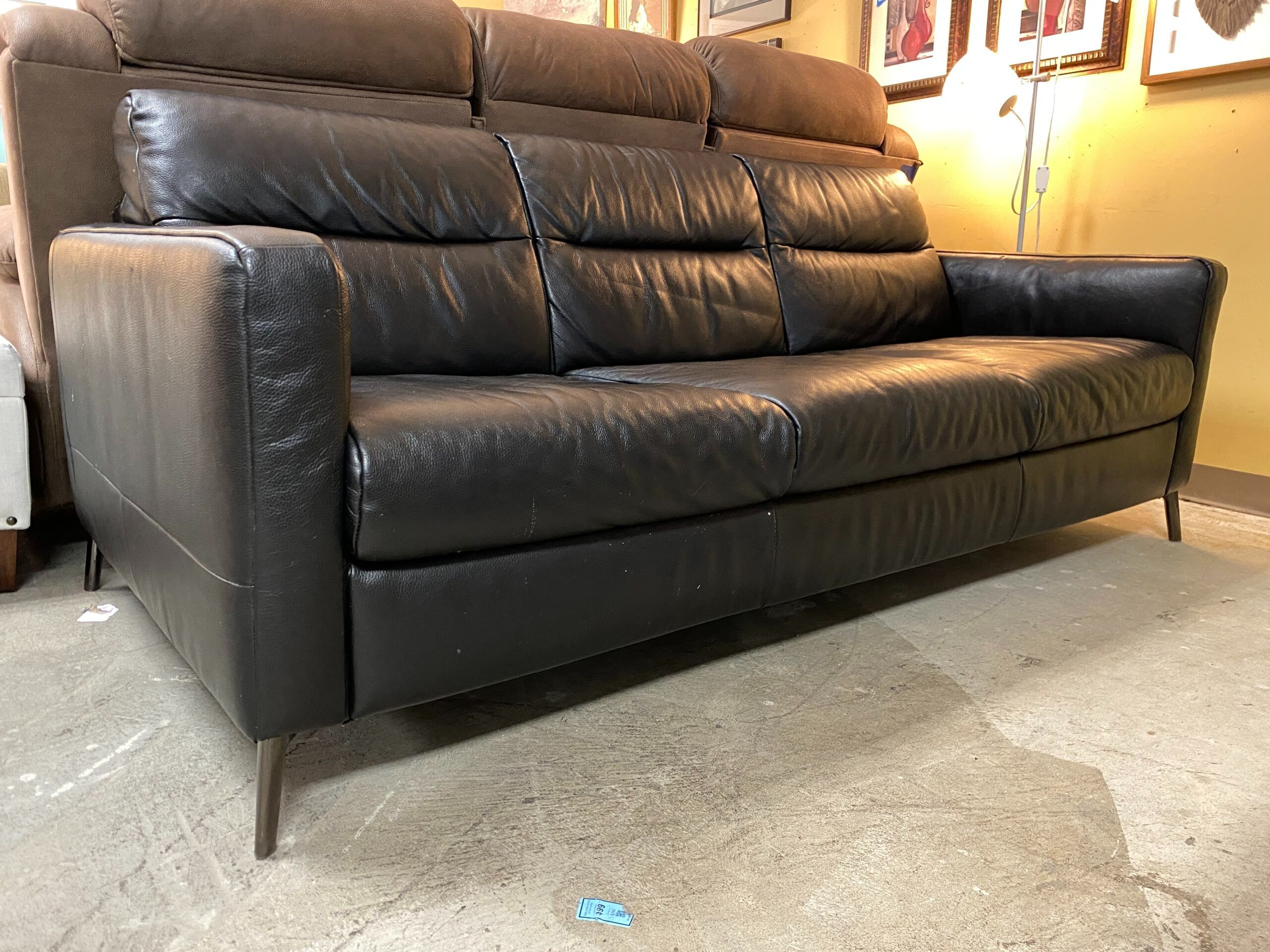 NATUZZI EDITIONS Modern Black Leather 3-Seat Sofa