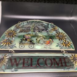 STAINED GLASS HANGING WELCOME SIGN Hand Painted AMIA MINT