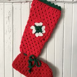 Vintage handmade crocheted red granny square patch Christmas stocking  15” long. Loop for Hanging 