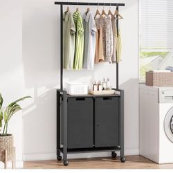 Laundry Sorter, Laundry Hamper 2 Section with Hanging Rack, Rolling Laundry Cart on Wheels, Pull-Out and Removable Laundry Basket with Shelf, Rustic B