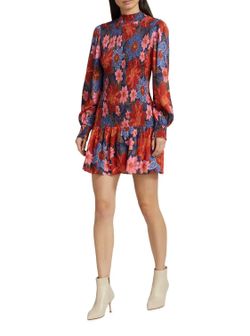 Farm Rio Women's Smocked Long Sleeve Garden Navy Mini Dress Size XS