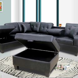 New! Black Leather Storage Sectional and Ottoman *FREE SAME DAY DELIVERY*
