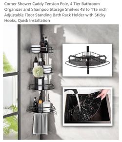  Corner Shower Caddy Tension Pole, 4 Tier Bathroom Organizer and Shampoo Storage Shelves 48 to 115 inch Adjustable Floor Standing Bath Rack Holder wit