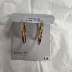 Brilliance Fine Jewerly  Sterling Silver 14K Gold Plated  Diamond Cut Square Tube Hoop  40mm Earings