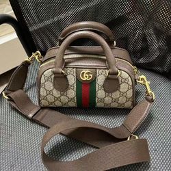 Distressed Double G Logo Old Flower Full Print Removable Shoulder Strap Canvas and Leather Bowling Bag Crossbody Handbag Mini Women's Brown