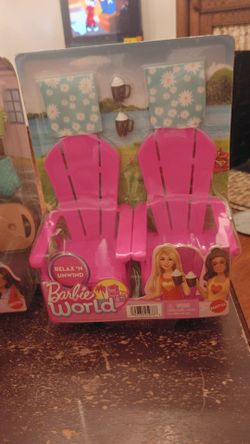 Brand new three Barbie accessories Barbie world Barbie hammock relax unwind chairs Barbie grill all for $30 or $10 each am also putting them on eBay