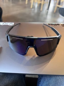 Batwolf Style Wraparound Sunglasses Black Frame Blue Mirror Lens Used