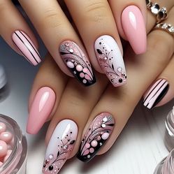 Brand New 24pcs Pink Nail Tips with Black and White Floral Patterns