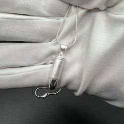 NEW  Sterling Silver Bullet Funeral Cremation Urn Pendant w/Chain for Ashes