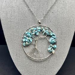 Large Turquoise Tree of Life Adjustable 18-20” Silver Necklace