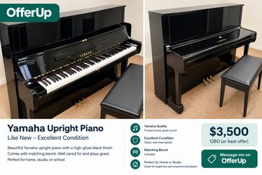 Yamaha Upright Piano with Matching Bench – Black