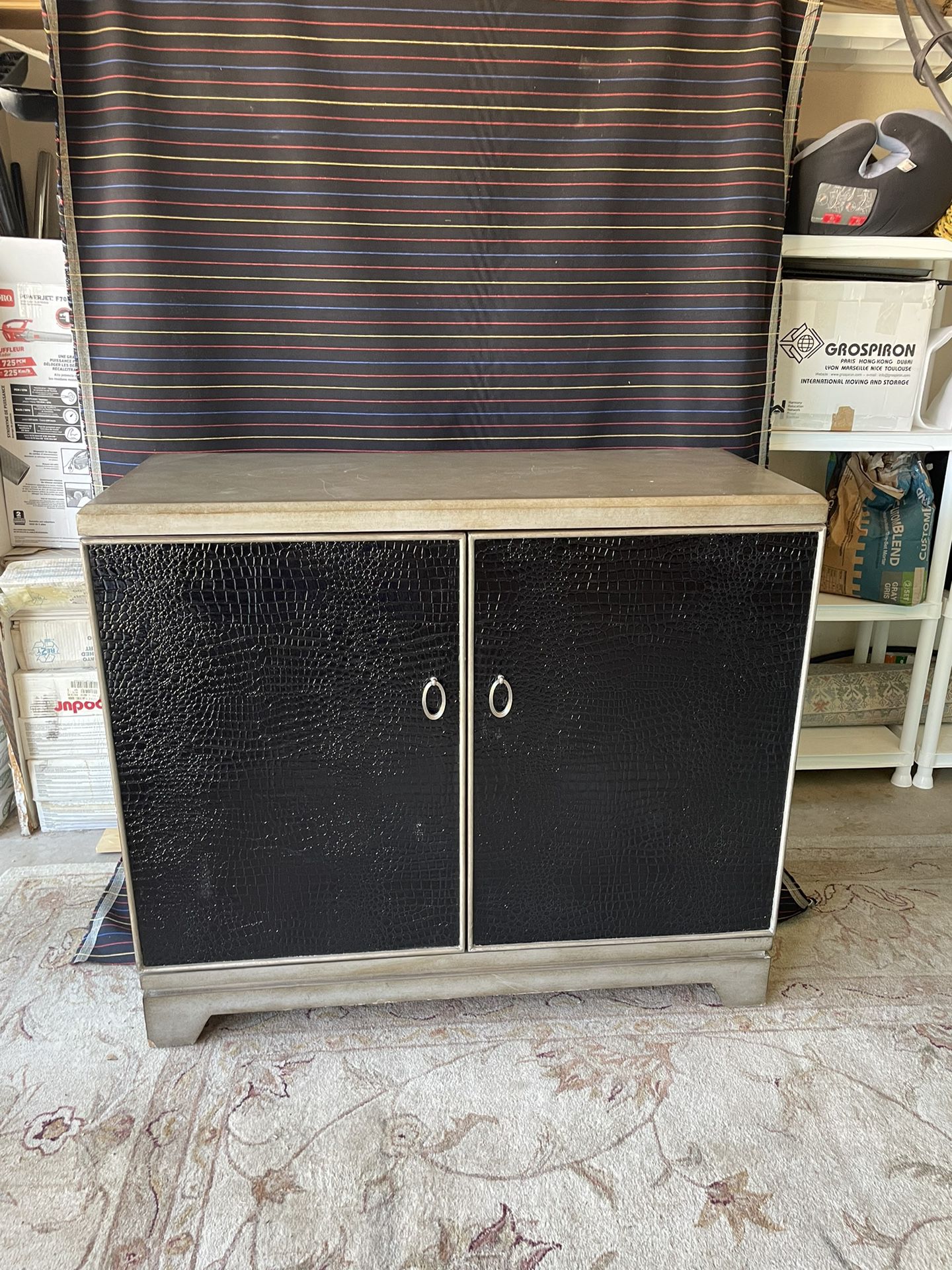Aged Grey And Leather Credenza Cabinet