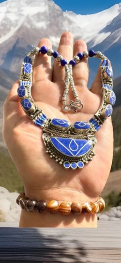Vintage Style Handcrafted Ethnic Tribal Theme Necklace Inlay Lapis Stone Set In Silver 18”in & 130 grams