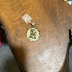 Jesus Christ "Pray for Us" Medallion Two-Tone Necklace Charm in 10K Gold