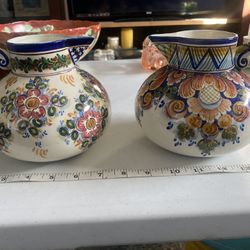 Hand Made Painted in Portugal Flowered Pottery Water Pitcher