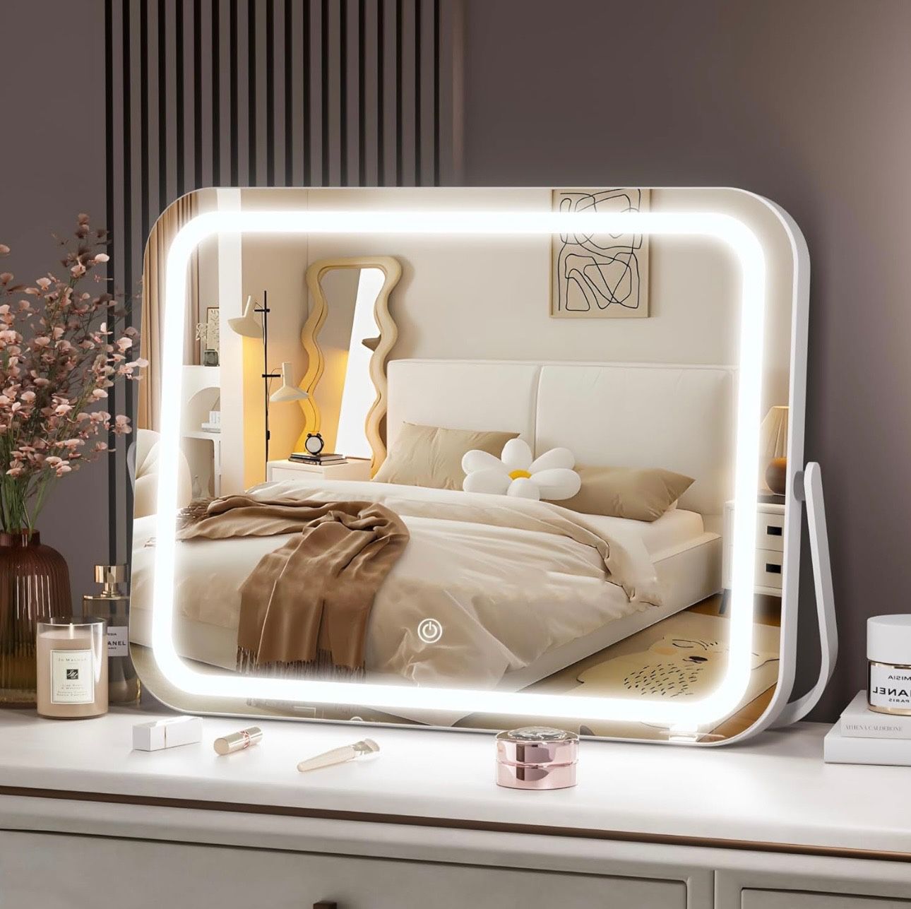 Hasipu Vanity Mirror with Lights, 14" x 10" LED Makeup Mirror, 3 Modes Light, Smart Touch Control Dimmable, 360°Rotation, Rectangle White Frame