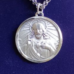 Sterling Silver Sacred Heart Of Jesus Medal And Chain Necklace