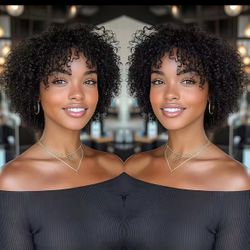 8 Inches Pixie Cut Kinky Curly Wig with Bangs for Women Brazilian Human Hair Short Curly Style Full Machine Made