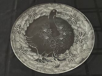 Clear molded glass holiday party platter featuring a goose and wreath design by Pilgrim Glass. 13”