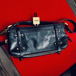 Vintage DKNY Donna Karan Small Black Leather Clutch Bag with Gold Detailing