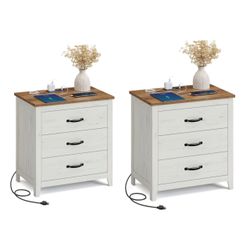Set of 2 .. 23.6‑Inch Farmhouse Nightstand with Charging Station, 3 Drawers Bedside Table, Side Table with 3 Drawers, for Bedroom, Rustic White and Ho