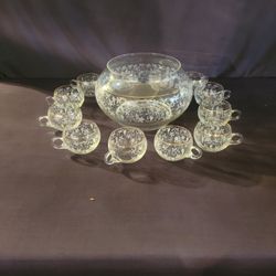 1960s punch bowl set vintage.white grape leaves. 12 cups