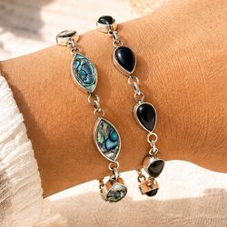 Vintage Black Onyx Sterling Silver Link Bracelet 925 AND Alpaca Mexico Jewelry Mother Pearl 