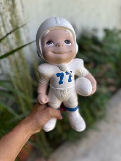 (TS) Vintage 1970's 11" Atlantic Mold Football Boy Ceramic Blue And White