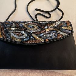 Black With Gold, Silver, Copper And Black Sequins Evening Bag With Shoulder Strap (New)
