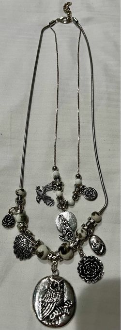 antique silver-tone multi-strand layered charm statement necklace