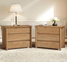 Fenley Walnut 3-Drawer 31.5 in. W Wood Nightstands Set of 2, Farmhouse Bedside Table with Storage for Small Spaces
