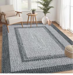 NEW RUGSREAL Large Bedroom Rug 6x9 Washable Braided Print Living Room Rugs Non Slip Low Pile Farmhouse Rustic Carpet Geometric Bordered Braided Carpet