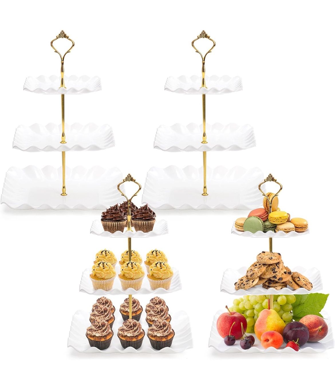 4 Pack 3 Tier Plastic Cupcake Stand, White Square Dessert Tiered Serving Stand, Cake Pastry Display Tower Tray Platter Holder for Buffet, Cookie, Frui