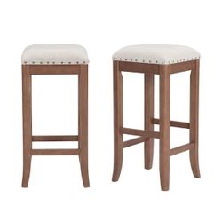 Ruby Hill Haze Oak Finish Upholstered Backless Bar Stool with Biscuit Beige Seat (Set of 2) (14.4 in. W x 30 in. H)

