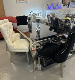 New Black Glass Top Table /chrome Legs 71” K Furniture & More