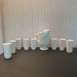 Milk Glass Pitcher & 8 Glasses All For 50