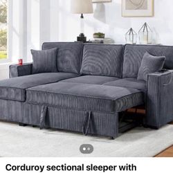 Sectional Sofa Pullout Bed W/Chaise Storage  Fabric Reversible  88”x57”X33”H