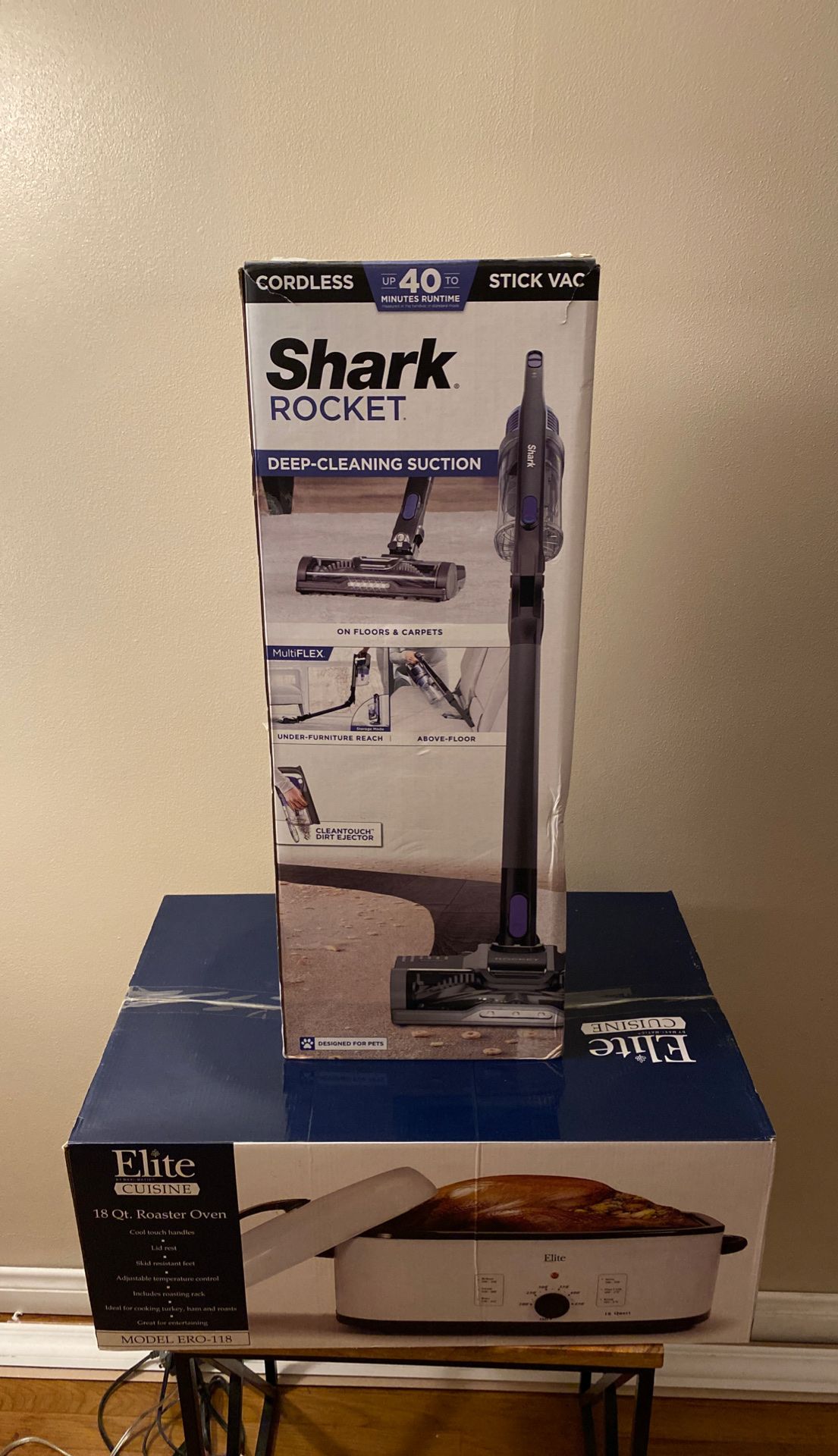 Shark rocket cordless stick vacuum and 18 QT roaster oven