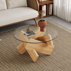 33' Modern Round Glass Coffee Table w/ Natural Wood Designer Base [NEW] **Retails for $300 <Assembly Req>