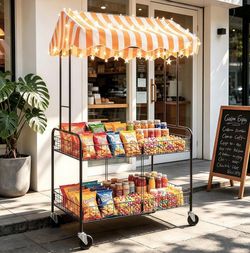 Folding Vendor Stall Cart with Canopy, 2-Tier Mobile, 35.4*23.6in