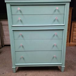 Turquoise Solid Wooden 5 Drawer Tallboy Dresser