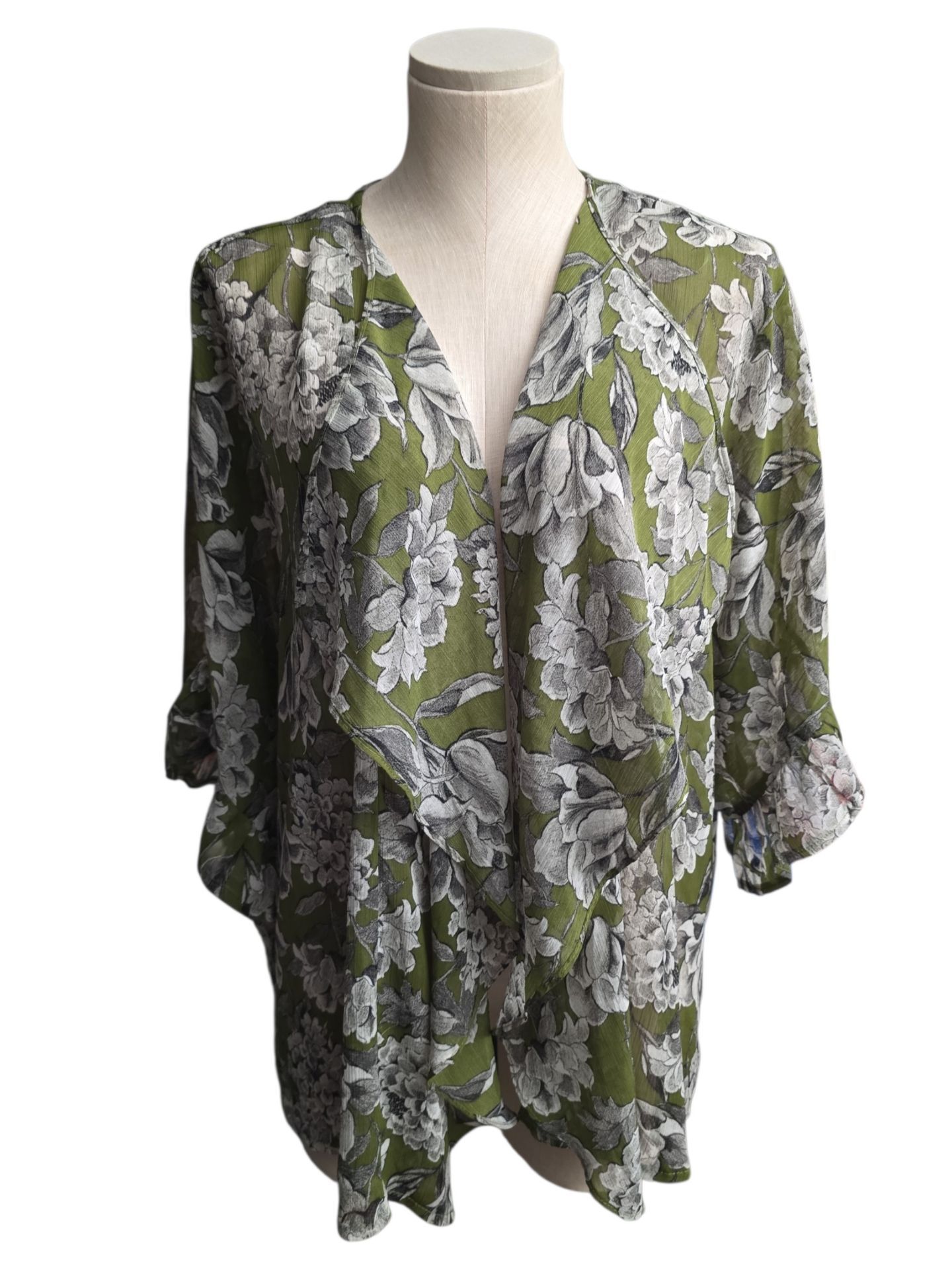 Olive Green Sheer Floral Open-Front Women's Tunic